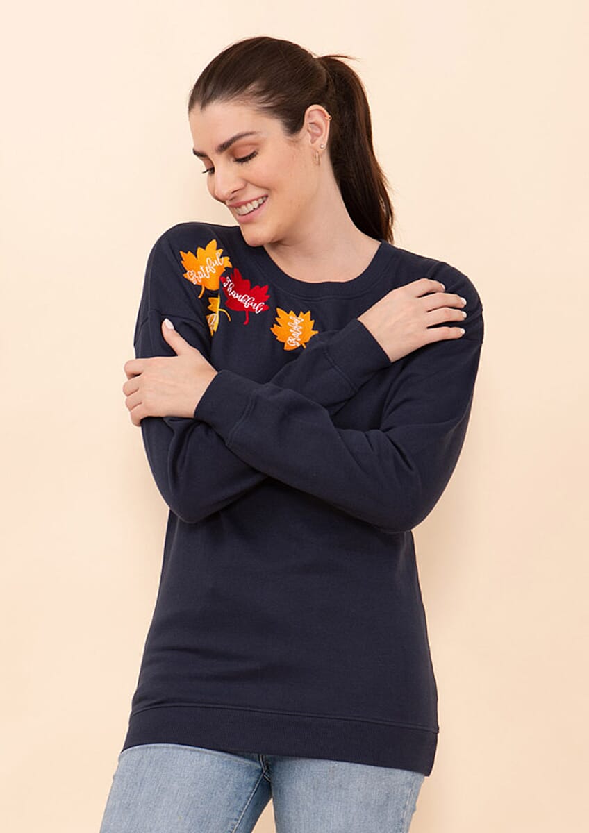 Tamsy Holiday Navy Maple Leaves Fleece Knit Sweatshirt For Women (100% Cotton) - L image number 3