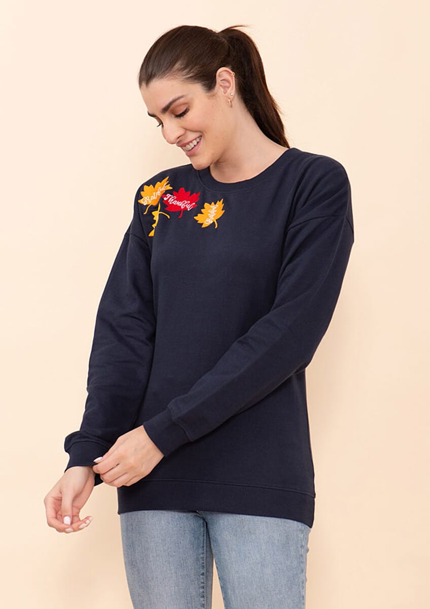 Tamsy Holiday Navy Maple Leaves Fleece Knit Sweatshirt For Women (100% Cotton) - L image number 4