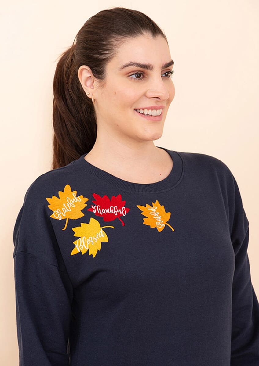 Tamsy Holiday Navy Maple Leaves Fleece Knit Sweatshirt For Women (100% Cotton) - L image number 5