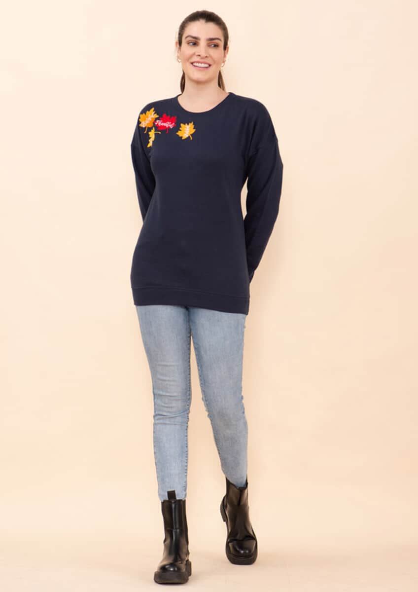 Tamsy Holiday Navy Maple Leaves Fleece Knit Sweatshirt For Women (100% Cotton) - S image number 2