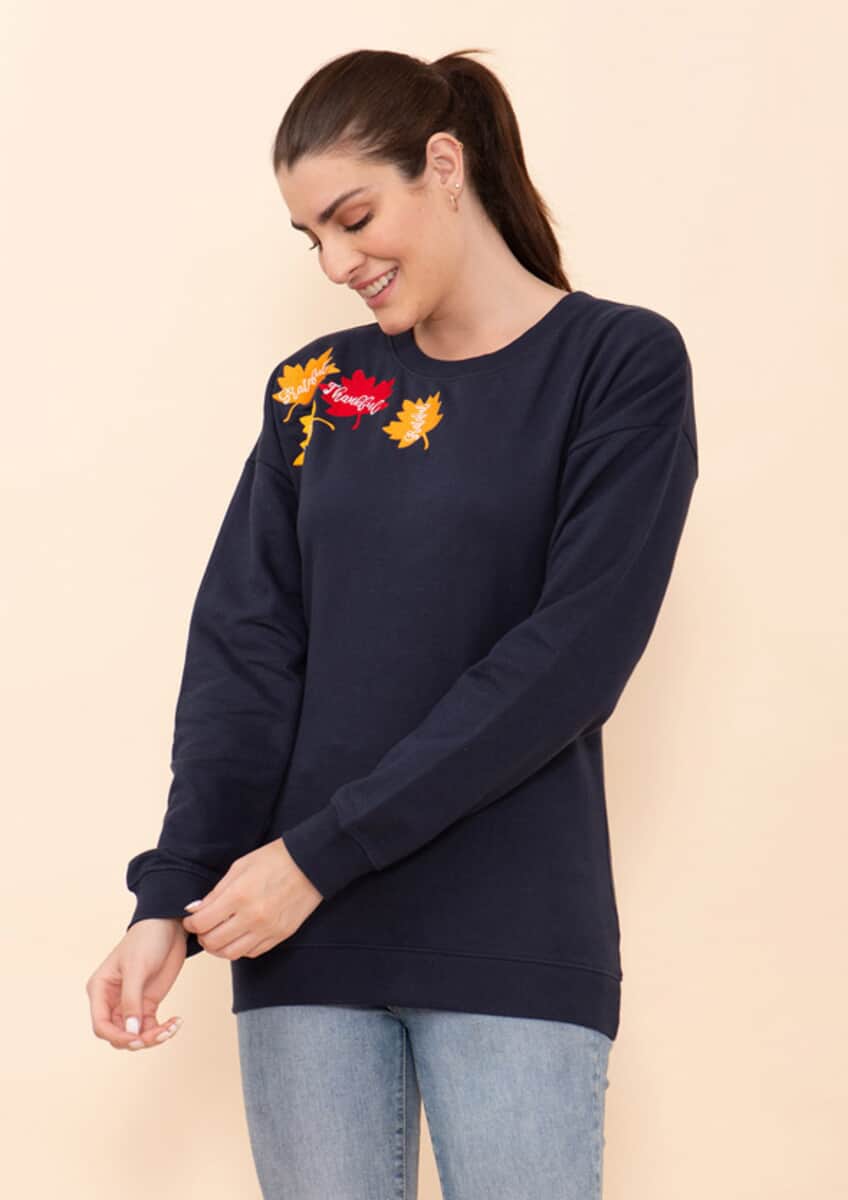 Tamsy Holiday Navy Maple Leaves Fleece Knit Sweatshirt For Women (100% Cotton) - S image number 4