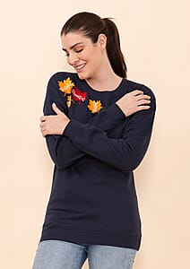 Tamsy Holiday Navy Maple Leaves Fleece Knit Sweatshirt For Women (100% Cotton) - XL