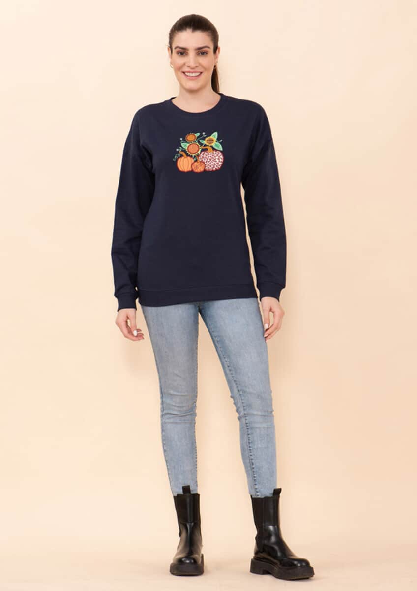 Tamsy Holiday Navy Pumpkin and Sunflower Fleece Knit Sweatshirt For Women(100% Cotton) - L image number 0