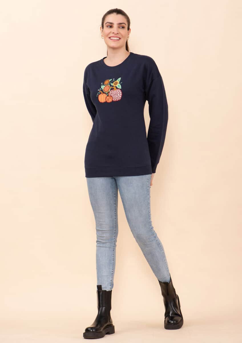 Tamsy Holiday Navy Pumpkin and Sunflower Fleece Knit Sweatshirt For Women(100% Cotton) - L image number 2