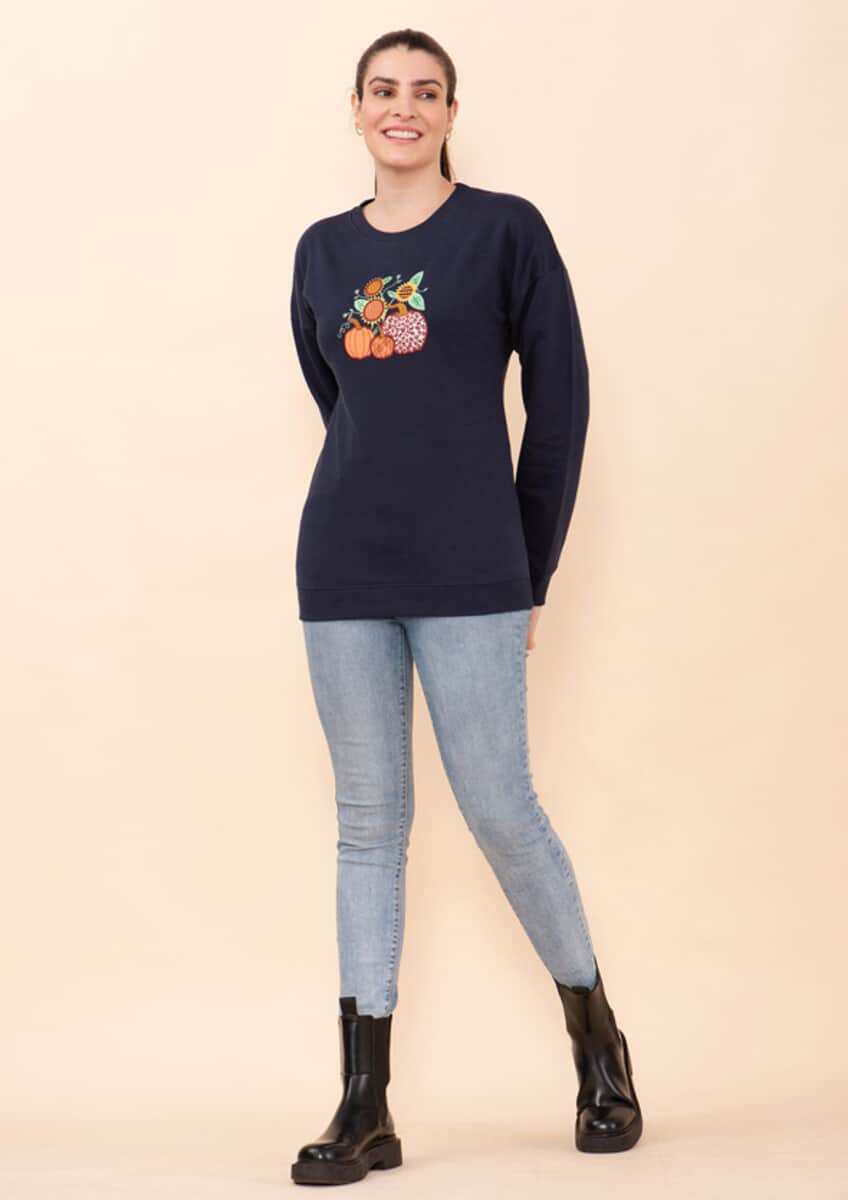 Tamsy Holiday Navy Pumpkin and Sunflower Fleece Knit Sweatshirt For Women (100% Cotton) - M image number 2