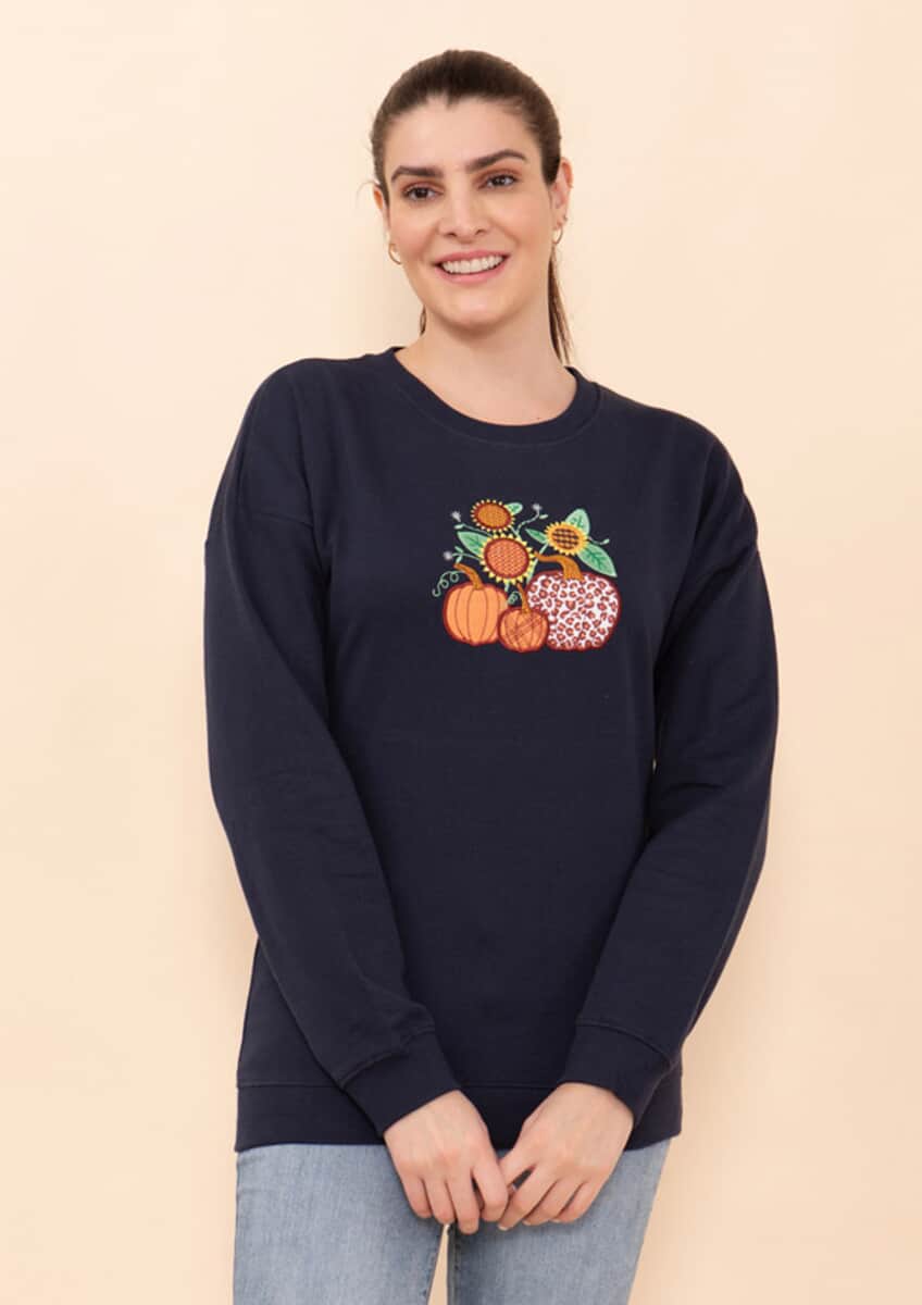 Tamsy Holiday Navy Pumpkin and Sunflower Fleece Knit Sweatshirt For Women (100% Cotton) - S image number 3