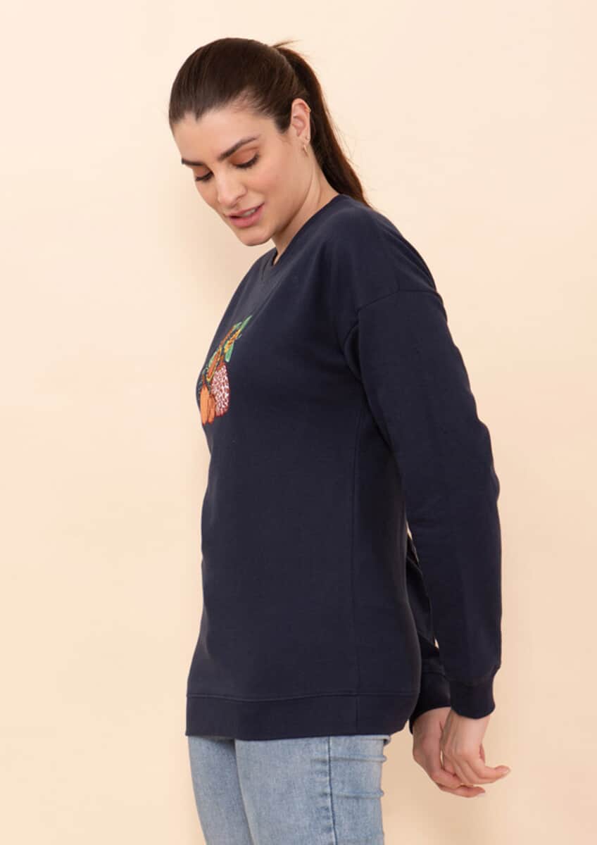 Tamsy Holiday Navy Pumpkin and Sunflower Fleece Knit Sweatshirt For Women (100% Cotton) - S image number 4