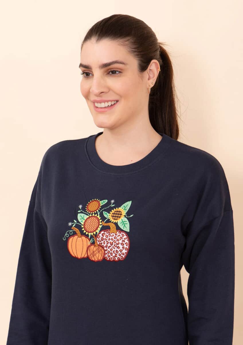 Tamsy Holiday Navy Pumpkin and Sunflower Fleece Knit Sweatshirt For Women (100% Cotton) - S image number 5