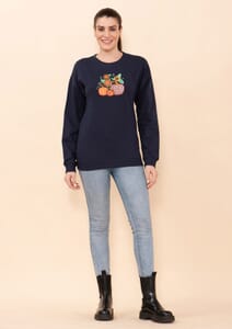 Tamsy Holiday Navy Pumpkin and Sunflower Fleece Knit Sweatshirt For Women (100% Cotton) - XL
