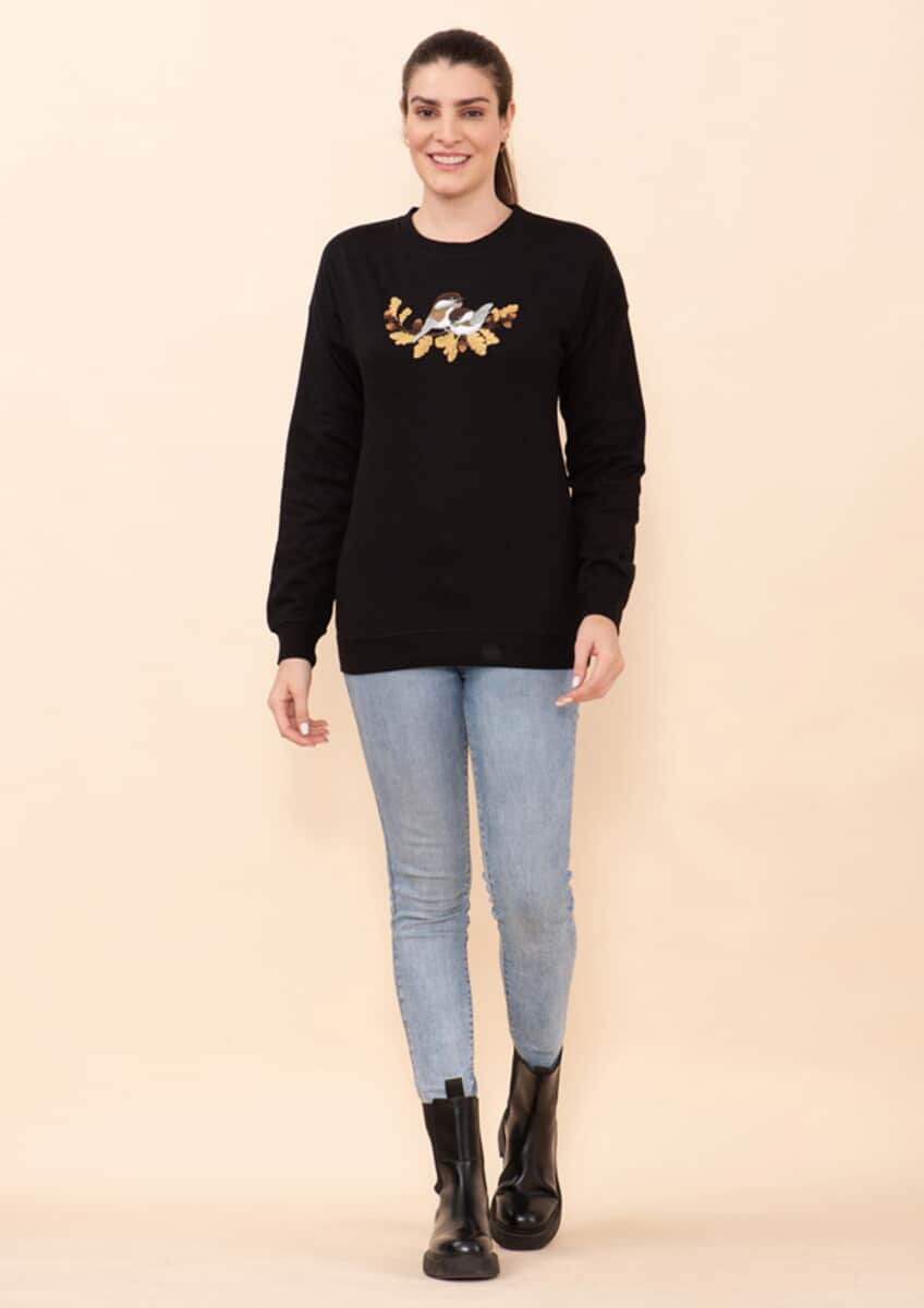 Tamsy Holiday Black Fall Bird Fleece Knit Sweatshirt For Women (100% Cotton) - M image number 0