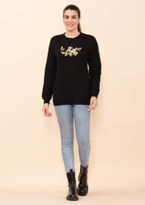 Tamsy Holiday Black Fall Bird Fleece Knit Sweatshirt For Women (100% Cotton) - M