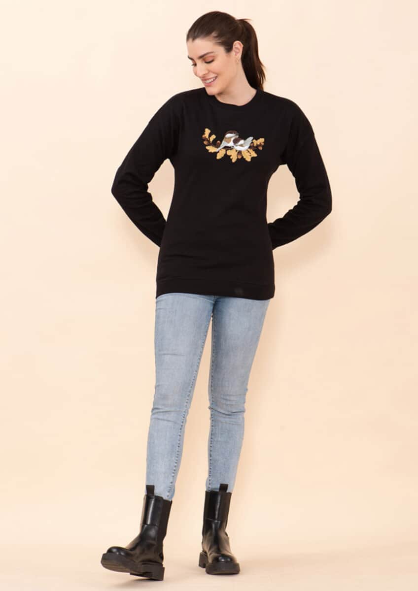 Tamsy Holiday Black Fall Bird Fleece Knit Sweatshirt For Women (100% Cotton) - M image number 2