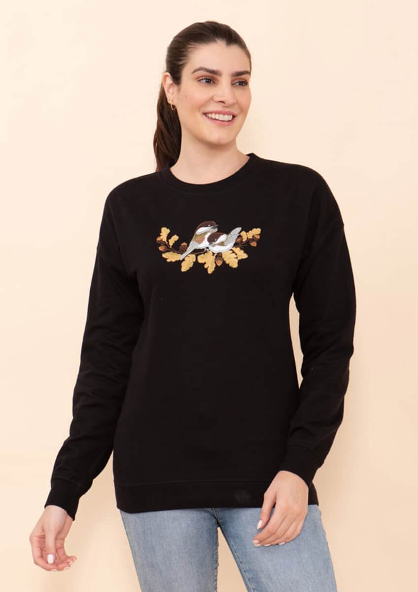 Tamsy Holiday Black Fall Bird Fleece Knit Sweatshirt For Women (100% Cotton) - M image number 3