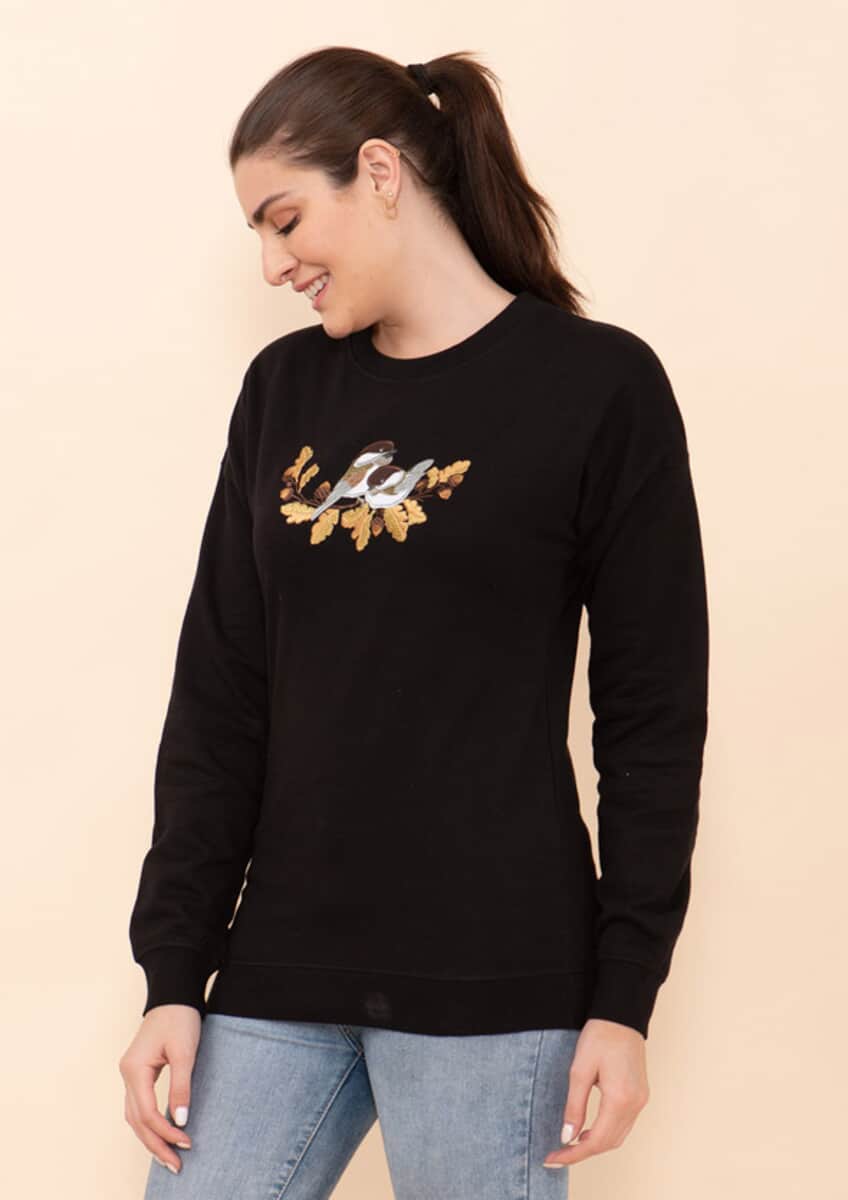 Tamsy Holiday Black Fall Bird Fleece Knit Sweatshirt For Women (100% Cotton) - M image number 4