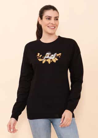 Tamsy Holiday Black Fall Bird Fleece Knit Sweatshirt For Women (100% Cotton) - 3X image number 3