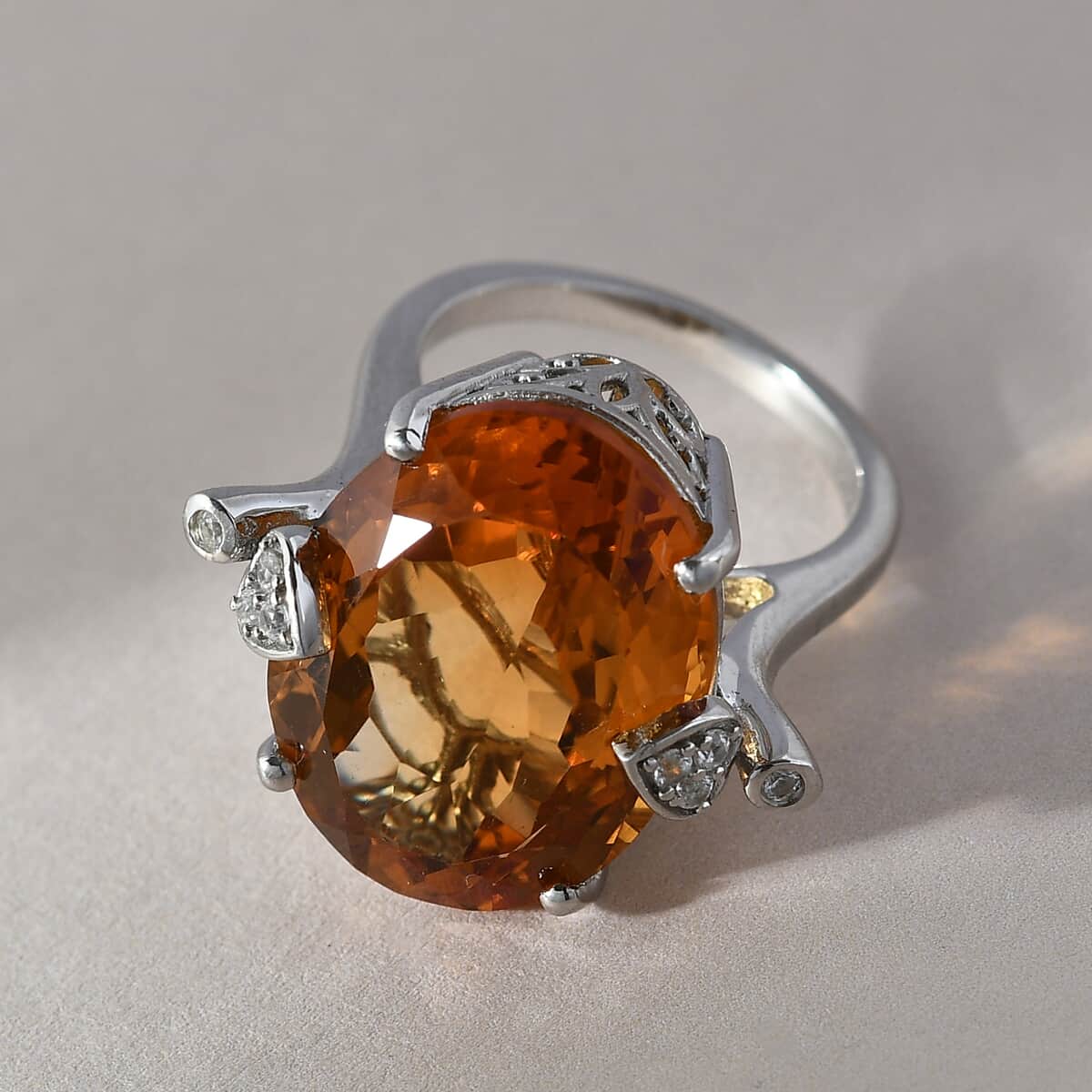 Santa Ana Madeira Citrine and Natural White Zircon Ring in Platinum Over Sterling Silver (Size 6.0) 16.80 ctw image number 1