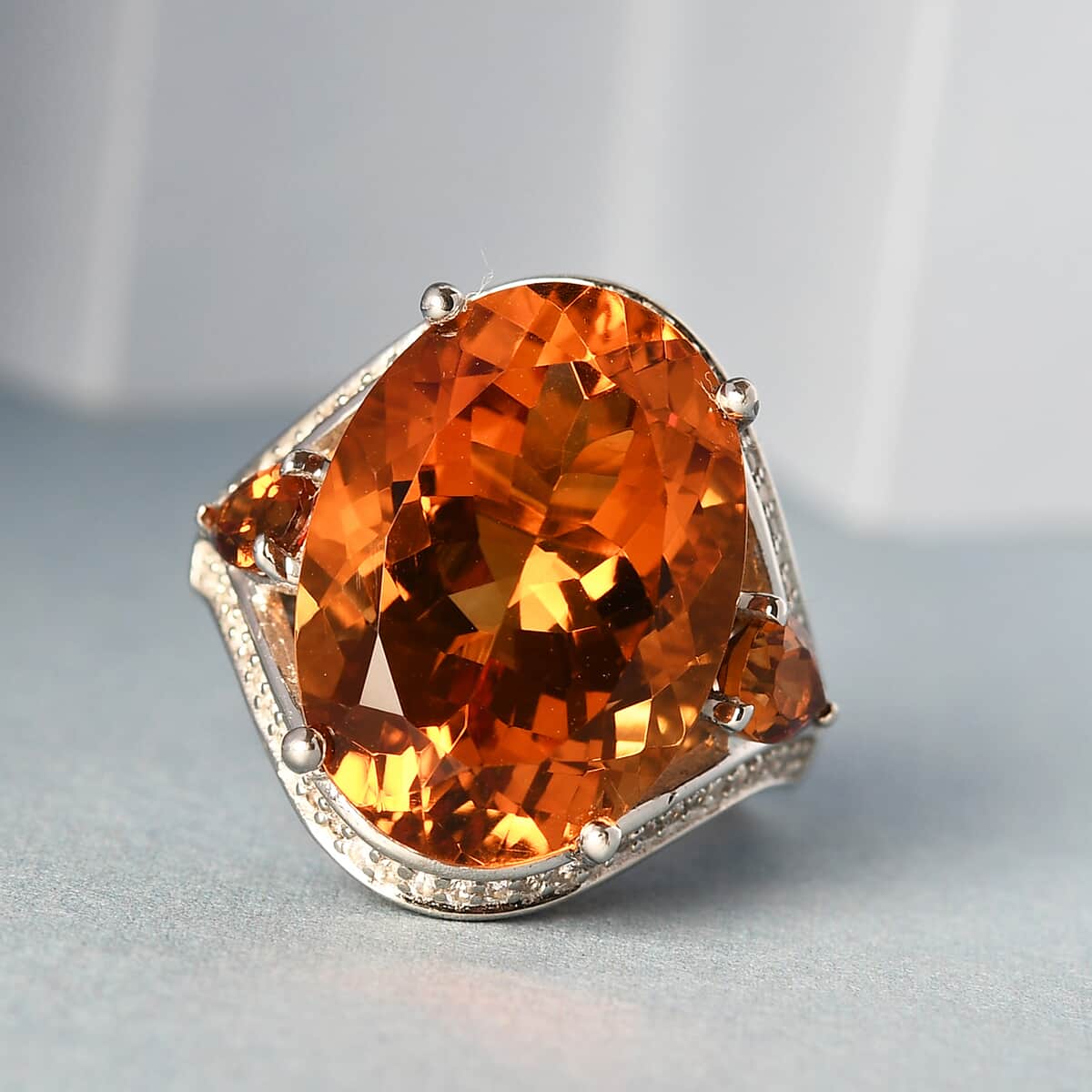 Santa Ana Madeira Citrine and Natural White Zircon Ring in Platinum Over Sterling Silver 12.65 ctw image number 1
