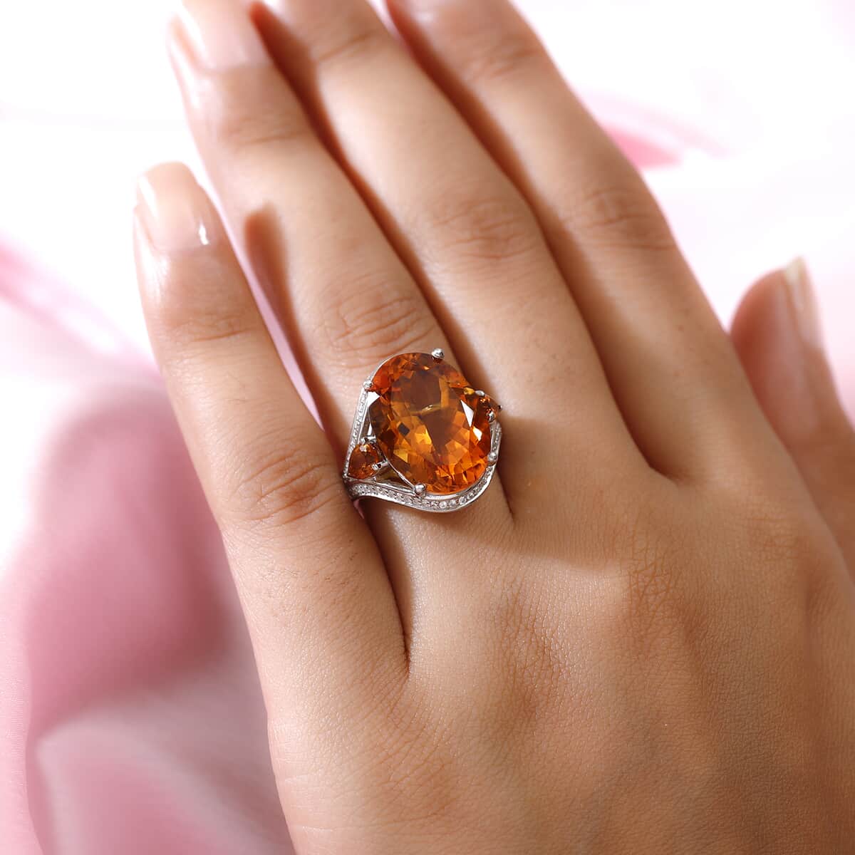 SUMMER DEALS Santa Ana Madeira Citrine and Natural White Zircon Ring in Platinum Over Sterling Silver (Size 6.0) 12.65 ctw image number 2