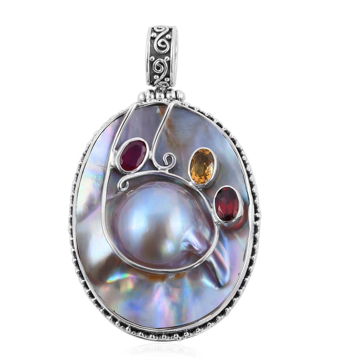 Mother’s Day Gift Bali Legacy Mother Of Pearl and Multi Gemstone Pendant in Sterling Silver 1.70 ctw image number 0