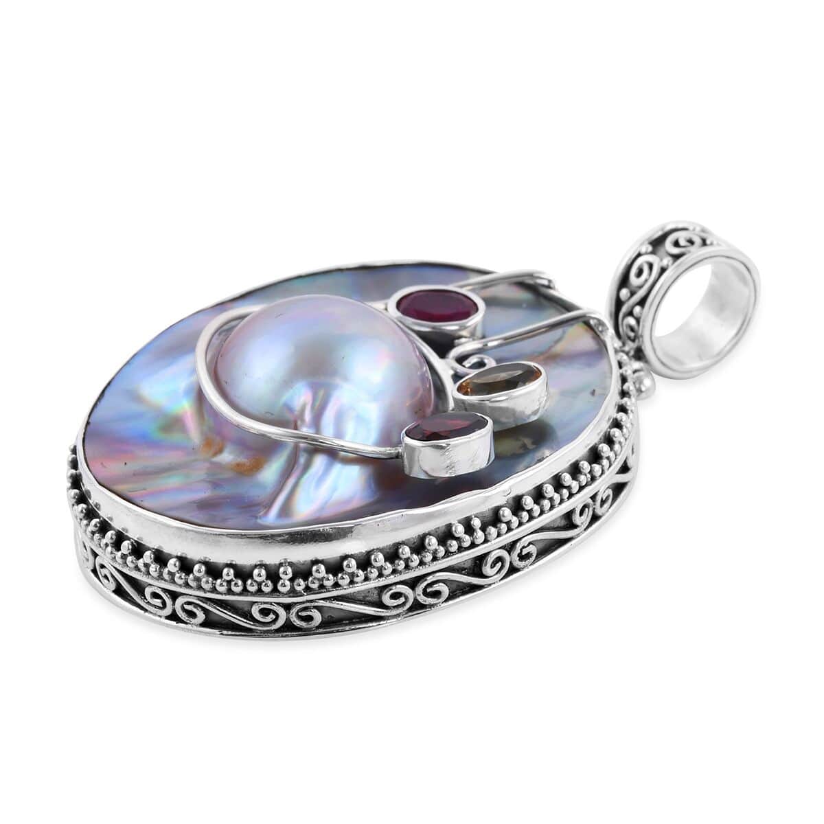 Bali Legacy Mother Of Pearl and Multi Gemstone Pendant in Sterling Silver 1.70 ctw image number 2