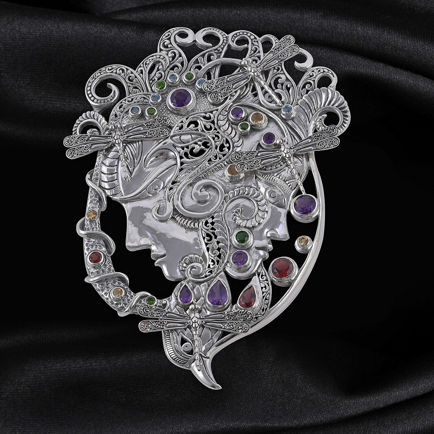 SUMMER DEALS Bali Legacy Multi Gemstone Dragonfly Pendant in Sterling Silver 90.25 Grams 10.20 ctw