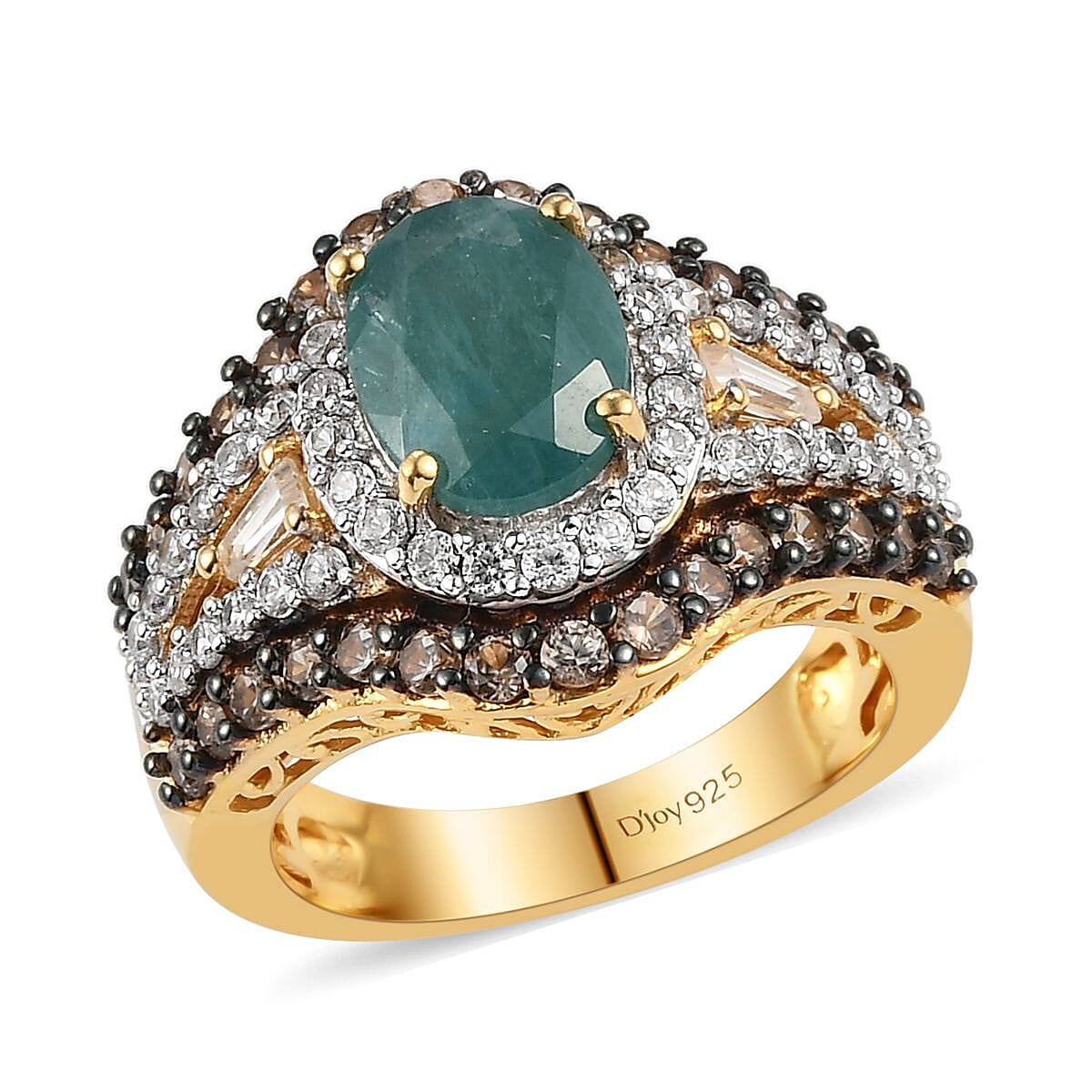 Premium Grandidierite, Natural White Zircon and Coffee Zircon Ring in Rhodium and Vermeil Yellow Gold Over Sterling Silver (Size 10.0) 4.10 ctw