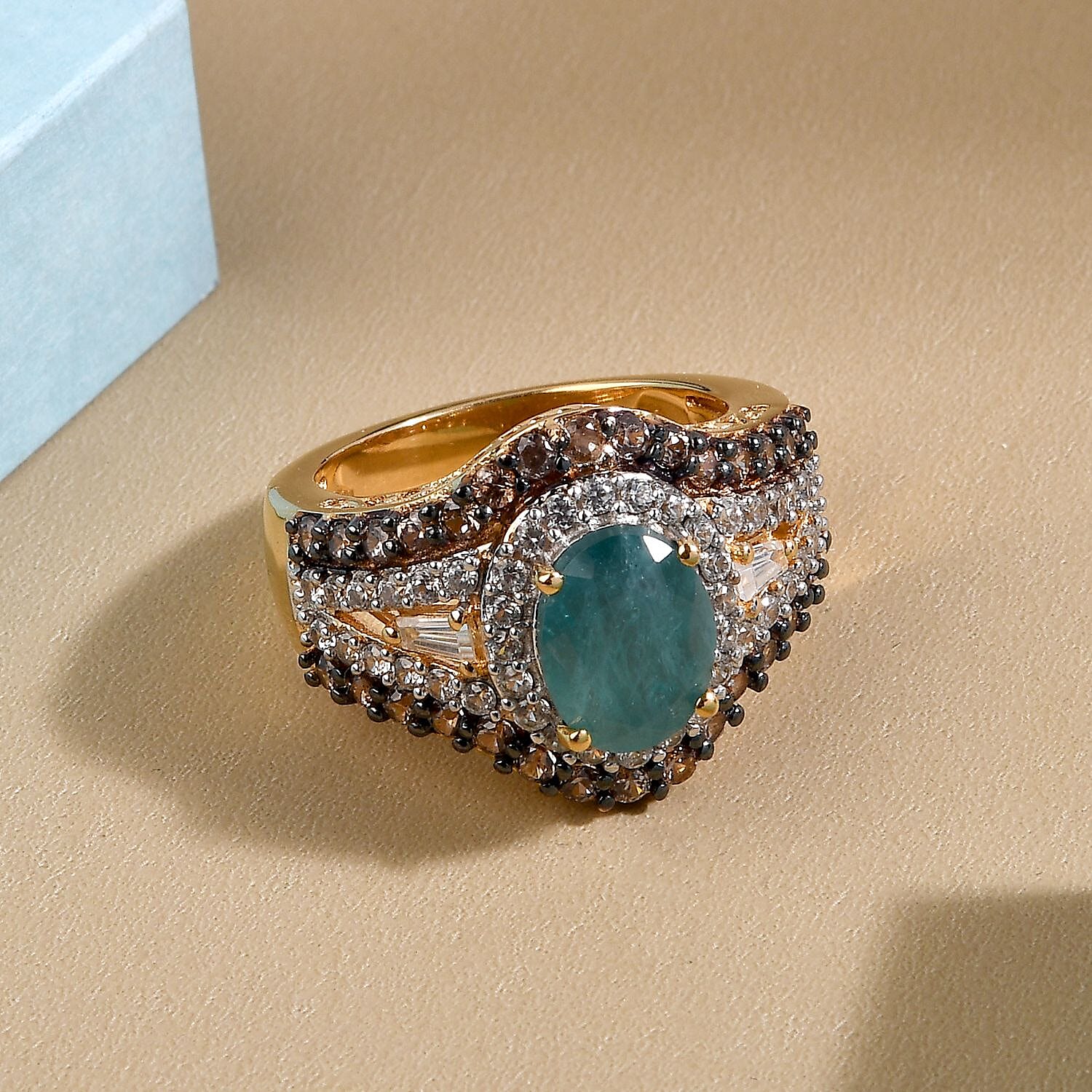 Premium Grandidierite, Natural White Zircon and Coffee Zircon Ring in Rhodium and Vermeil Yellow Gold Over Sterling Silver (Size 10.0) 4.10 ctw