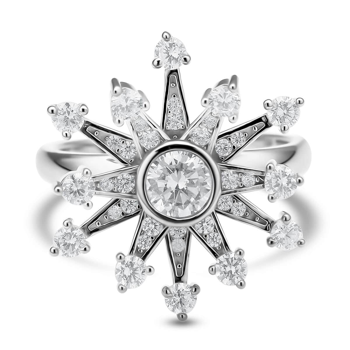 Simulated Diamond Star Burst Snowflake Spinner Ring in Rhodium Over Sterling Silver (Adjustable Size 6-8) 1.60 ctw image number 0