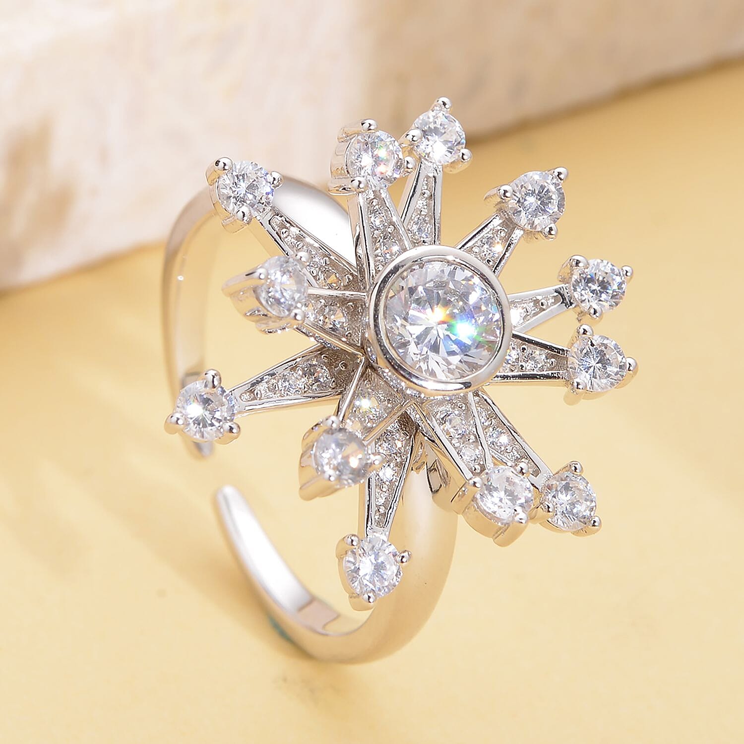 Simulated Diamond Star Burst Snowflake Spinner Ring in Rhodium Over Sterling Silver (Adjustable Size 6-8) 1.60 ctw