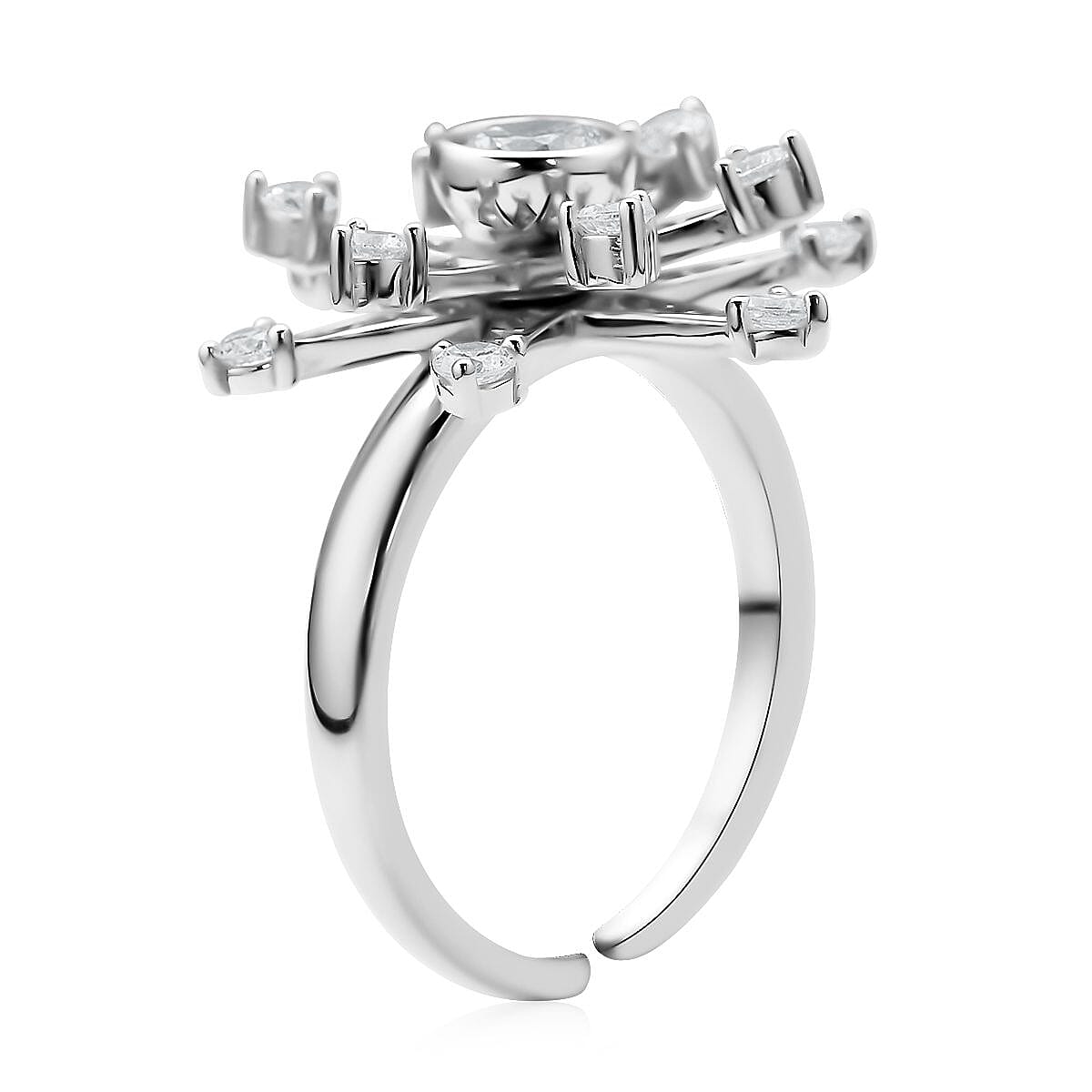 Simulated Diamond Star Burst Snowflake Spinner Ring in Rhodium Over Sterling Silver (Adjustable Size 6-8) 1.60 ctw