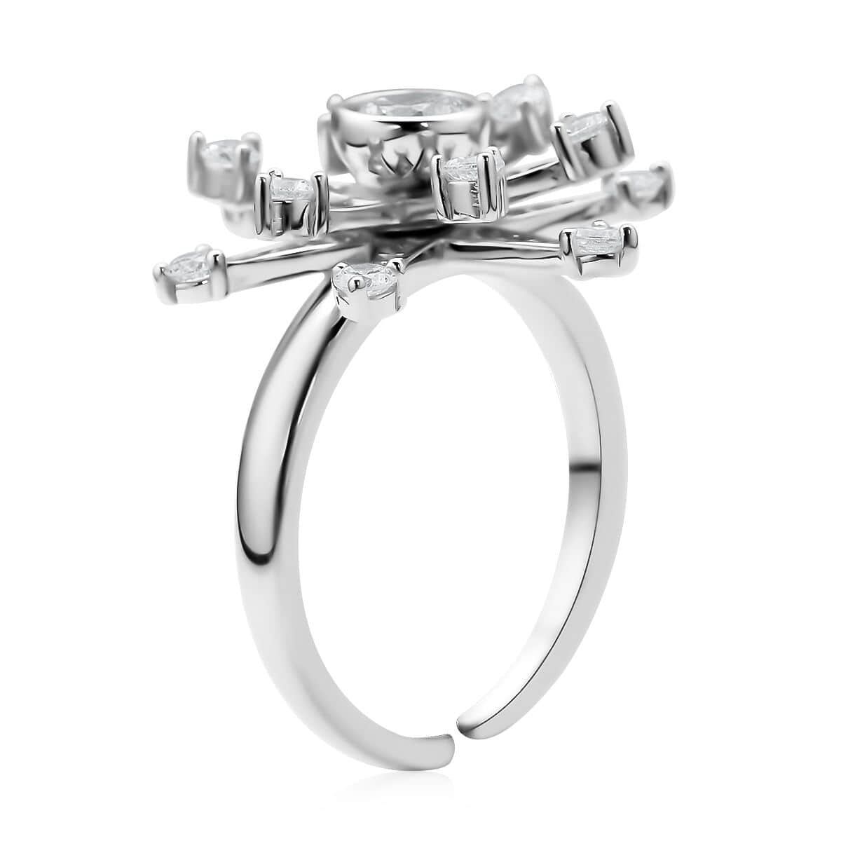 Simulated Diamond Star Burst Snowflake Spinner Ring in Rhodium Over Sterling Silver (Adjustable Size 6-8) 1.60 ctw image number 3