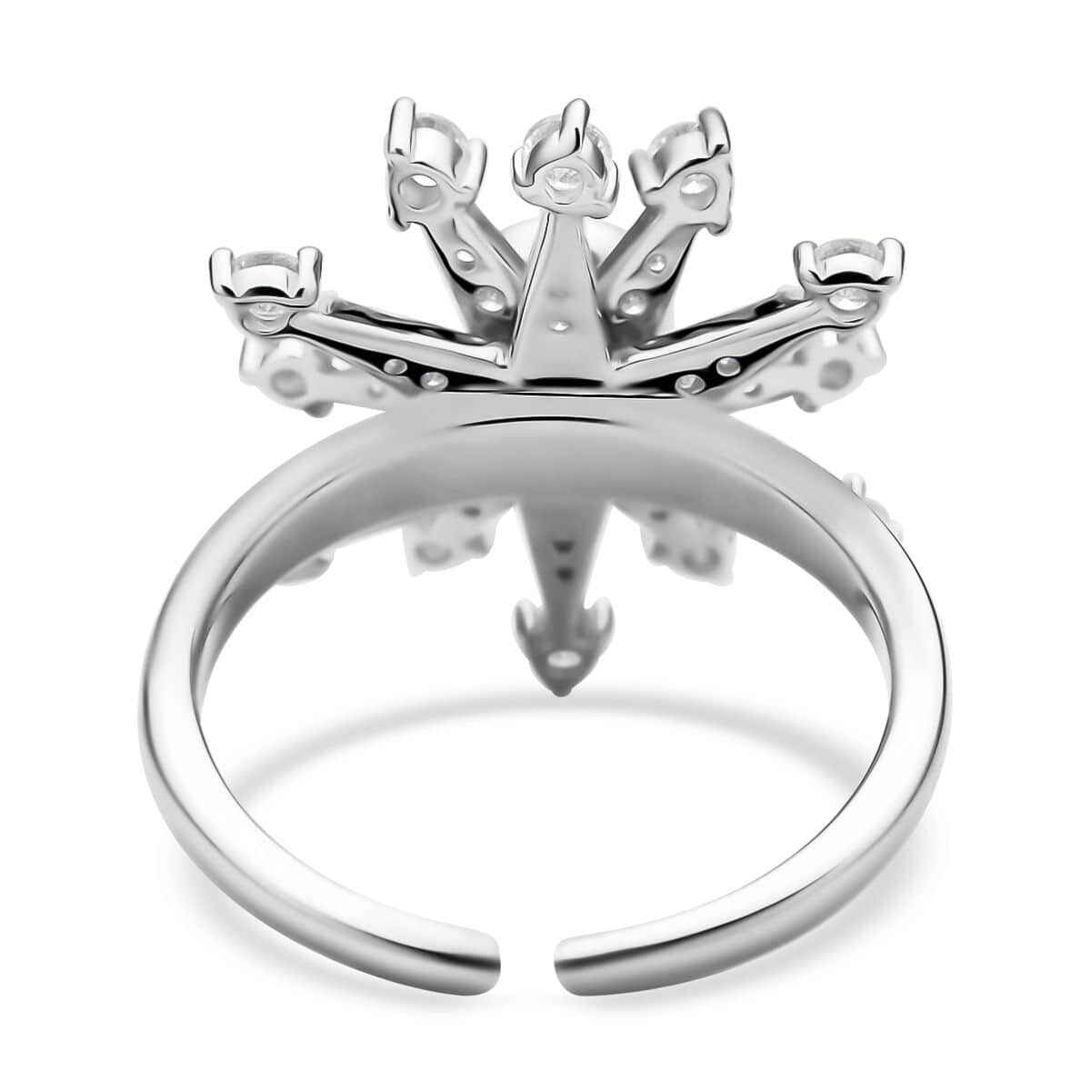 Simulated Diamond Star Burst Snowflake Spinner Ring in Rhodium Over Sterling Silver (Adjustable Size 6-8) 1.60 ctw image number 4