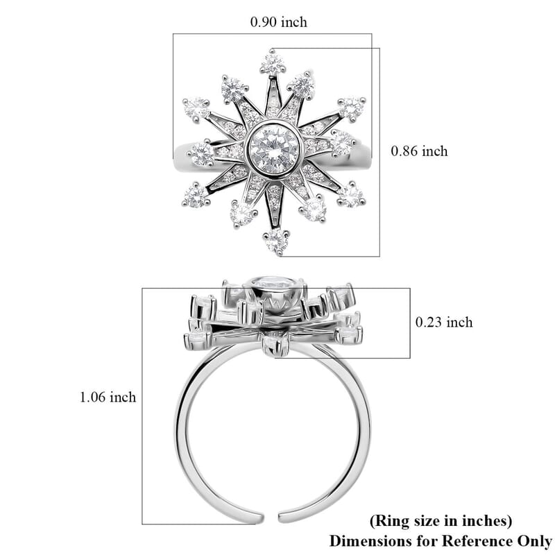Simulated Diamond Star Burst Snowflake Spinner Ring in Rhodium Over Sterling Silver (Adjustable Size 6-8) 1.60 ctw