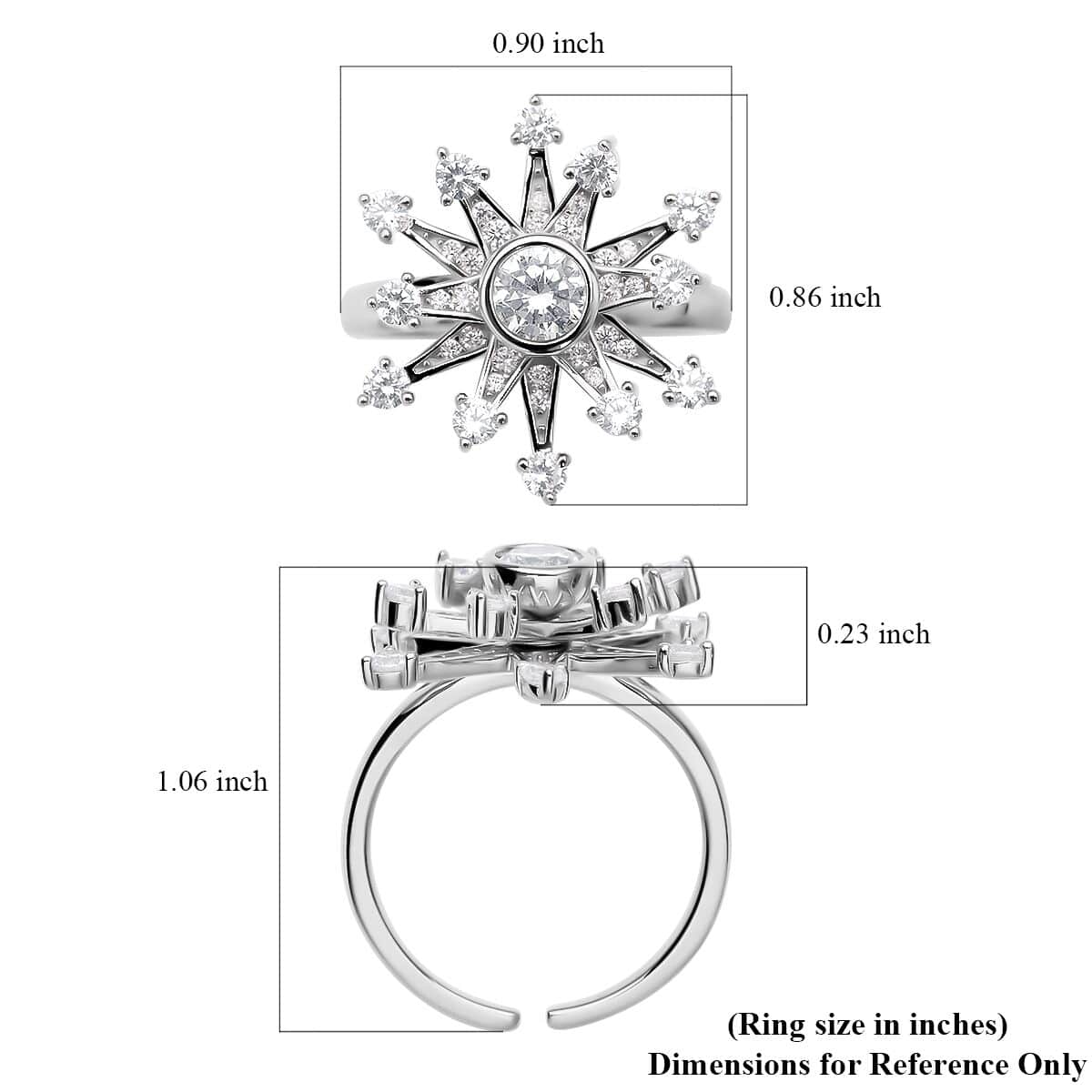 Simulated Diamond Star Burst Snowflake Spinner Ring in Rhodium Over Sterling Silver (Adjustable Size 6-8) 1.60 ctw image number 5