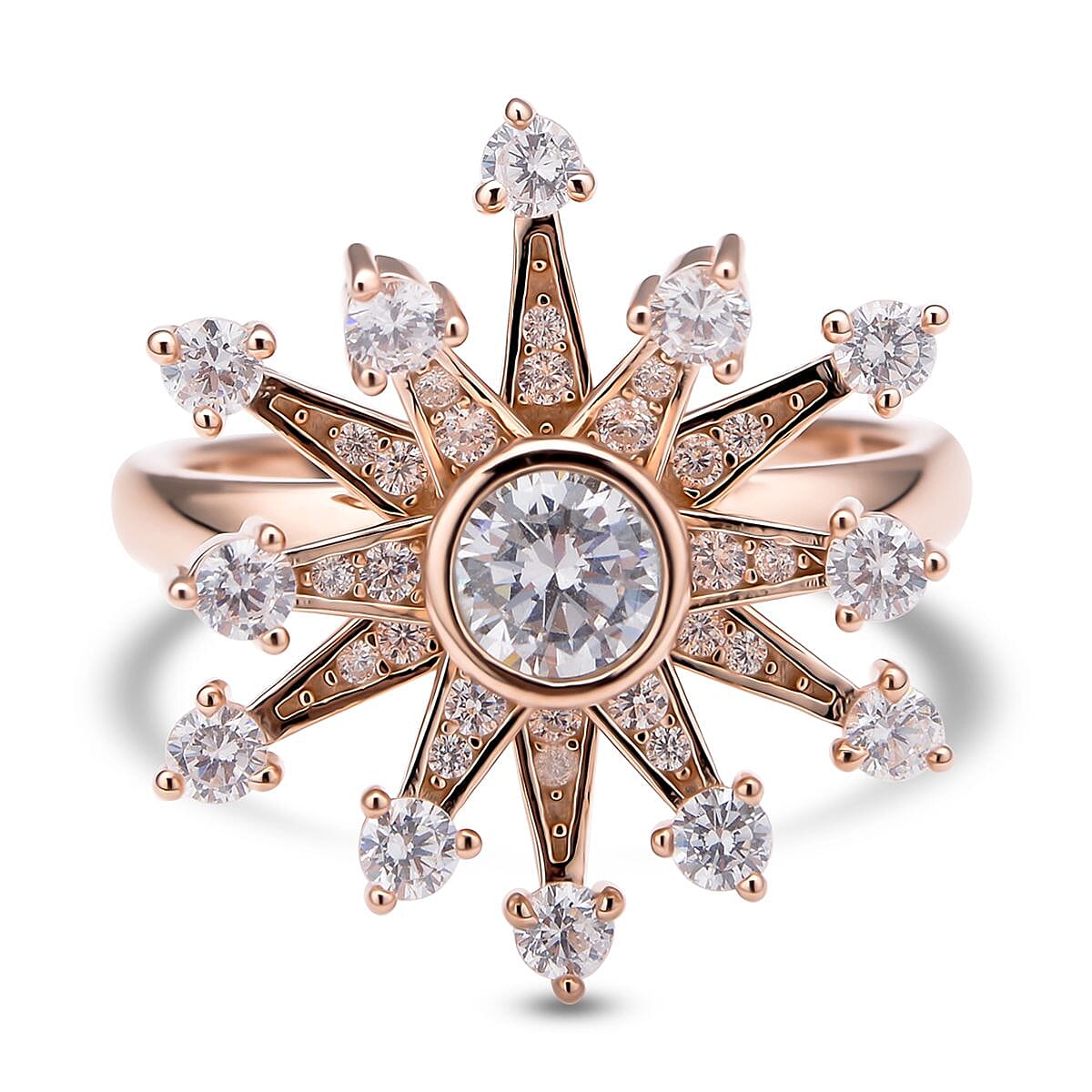 Cheryl Exclusive Pick Simulated Diamond Star Burst Spinner Ring in 14K Rose Gold Over Sterling Silver (Adjustable Size 6-8) 1.60 ctw