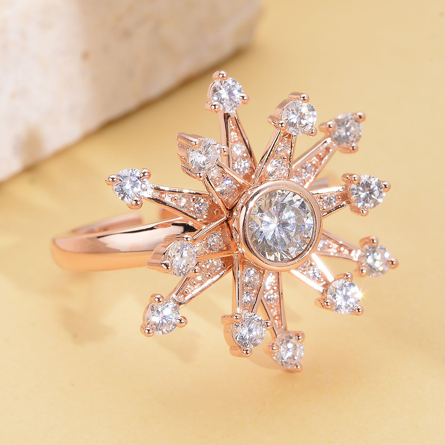 Cheryl Exclusive Pick Simulated Diamond Star Burst Spinner Ring in 14K Rose Gold Over Sterling Silver (Adjustable Size 6-8) 1.60 ctw