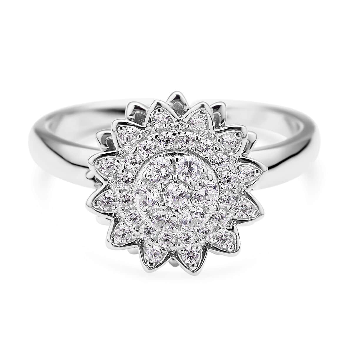 Simulated Diamond Sunflower Design Spinner Ring in Rhodium Over Sterling Silver (Adjustable Size 6-8) 0.65 ctw image number 0