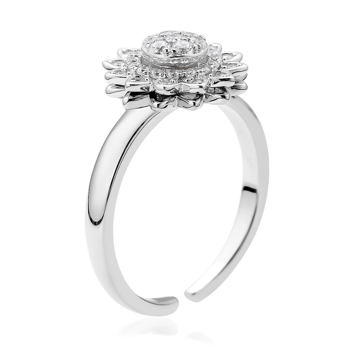 Simulated Diamond Sunflower Design Spinner Ring in Rhodium Over Sterling Silver (Adjustable Size 6-8) 0.65 ctw