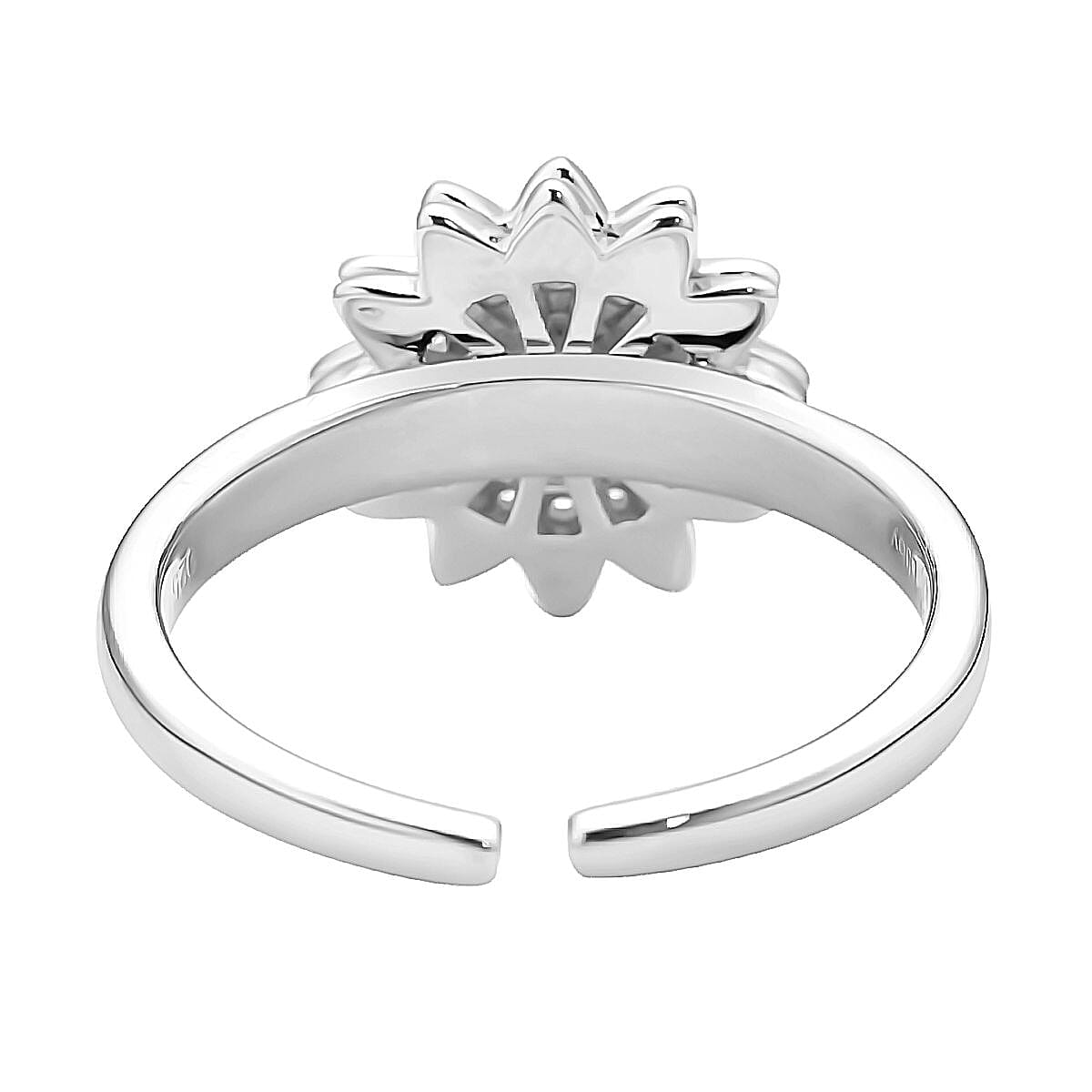 Simulated Diamond Sunflower Design Spinner Ring in Rhodium Over Sterling Silver (Adjustable Size 6-8) 0.65 ctw