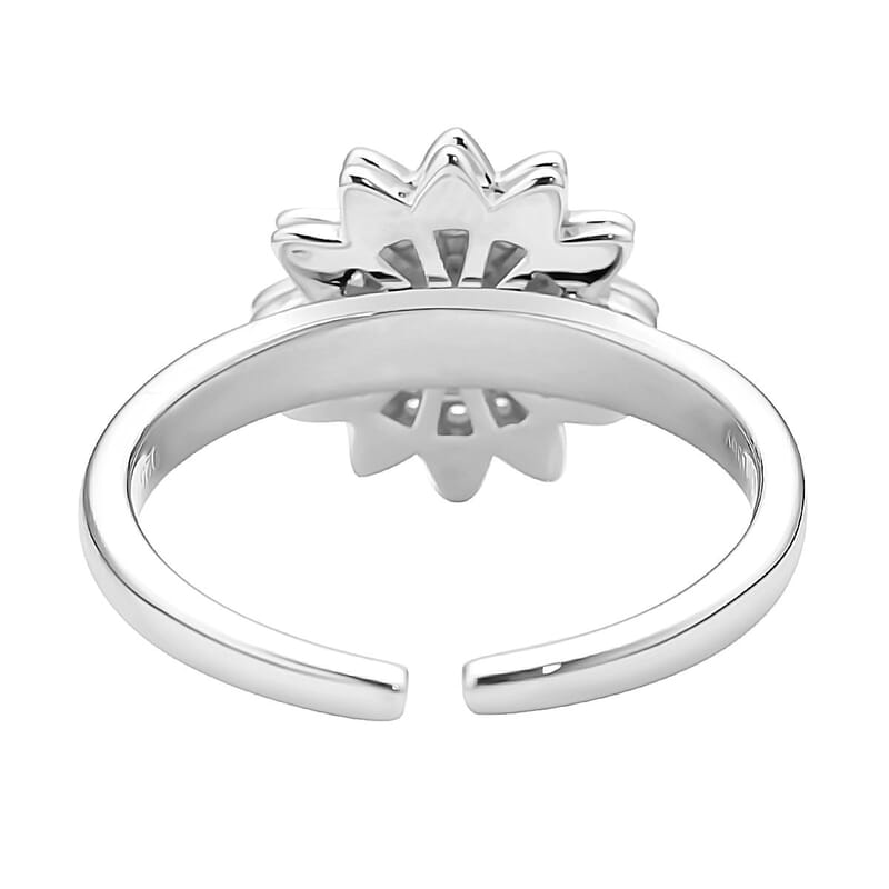 Simulated Diamond Sunflower Design Spinner Ring in Rhodium Over Sterling Silver (Adjustable Size 6-8) 0.65 ctw