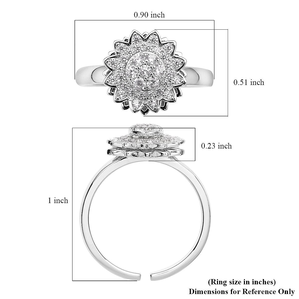 Simulated Diamond Sunflower Design Spinner Ring in Rhodium Over Sterling Silver (Adjustable Size 6-8) 0.65 ctw