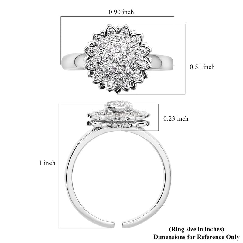 Simulated Diamond Sunflower Design Spinner Ring in Rhodium Over Sterling Silver (Adjustable Size 6-8) 0.65 ctw
