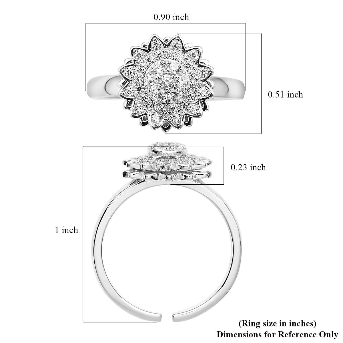 Simulated Diamond Sunflower Design Spinner Ring in Rhodium Over Sterling Silver (Adjustable Size 6-8) 0.65 ctw image number 5