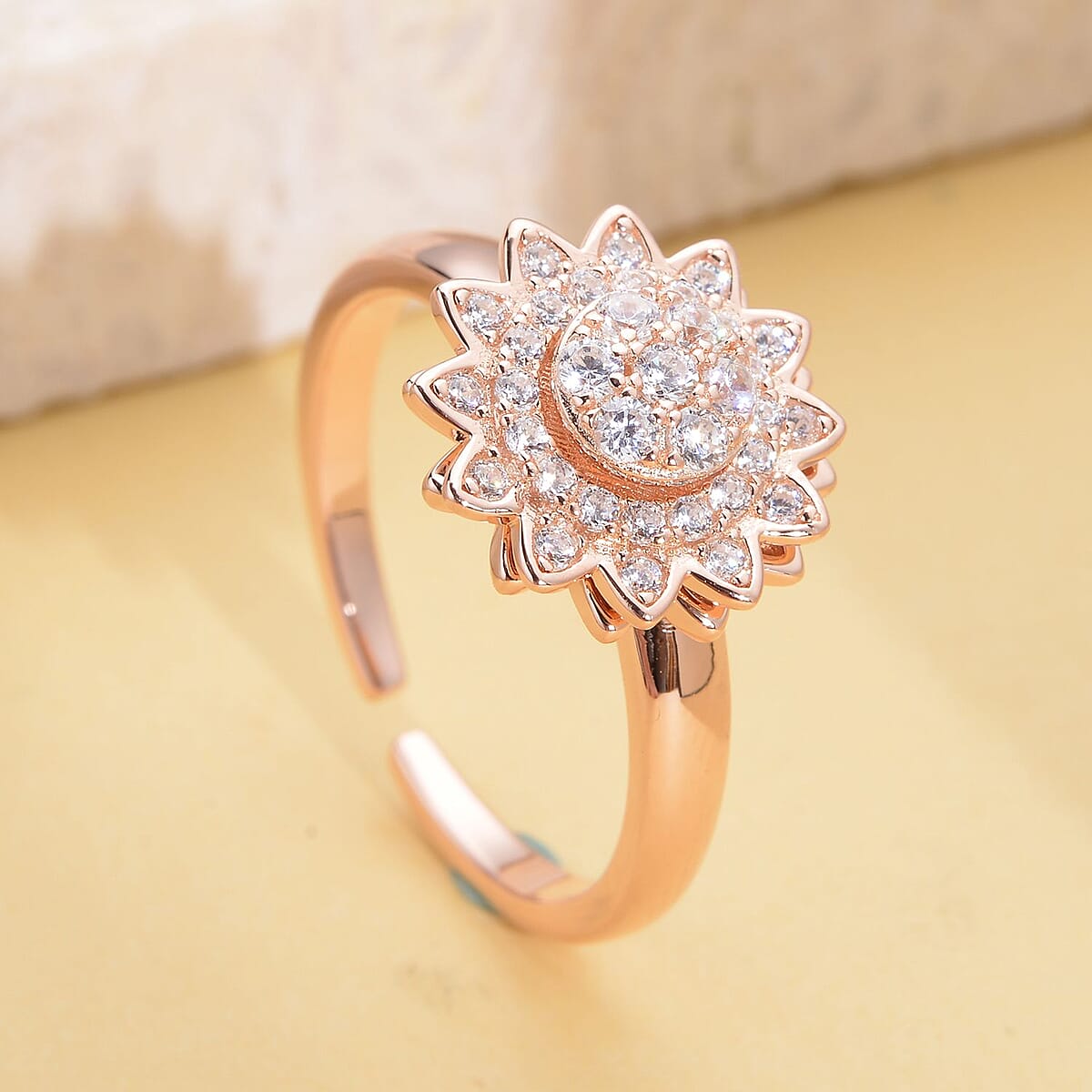 Simulated Diamond Sunflower Design Spinner Ring in 14K Rose Gold Over Sterling Silver (Adjustable Size 6-8) 0.65 ctw image number 1