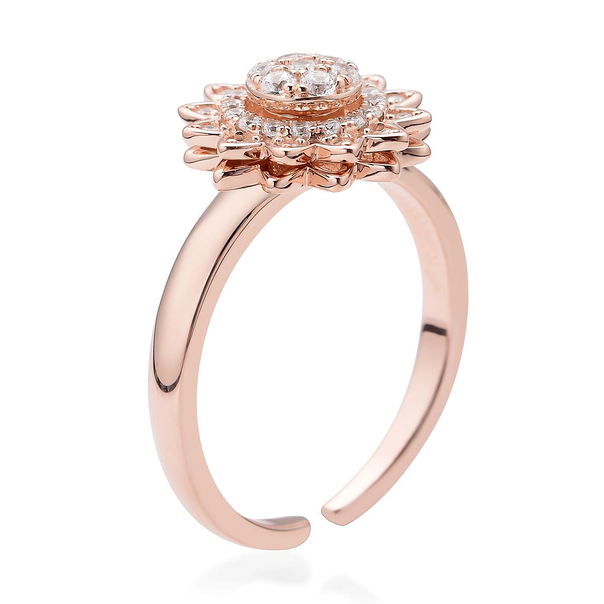 Simulated Diamond Sunflower Design Spinner Ring in 14K Rose Gold Over Sterling Silver (Adjustable Size 6-8) 0.65 ctw image number 3