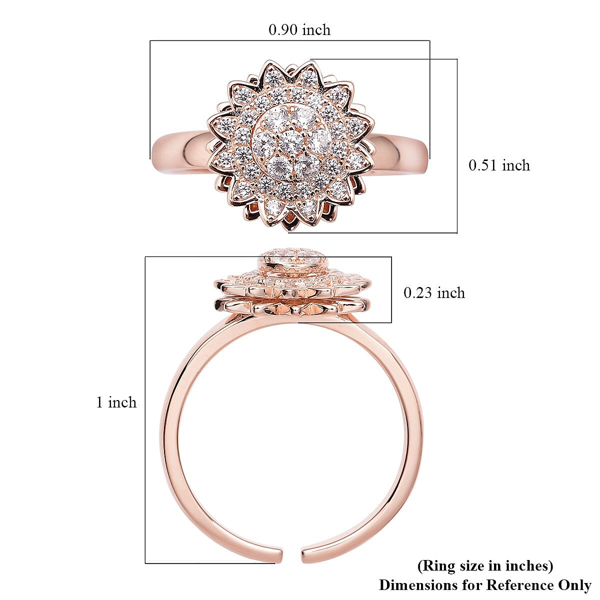 Simulated Diamond Sunflower Design Spinner Ring in 14K Rose Gold Over Sterling Silver (Adjustable Size 6-8) 0.65 ctw image number 5