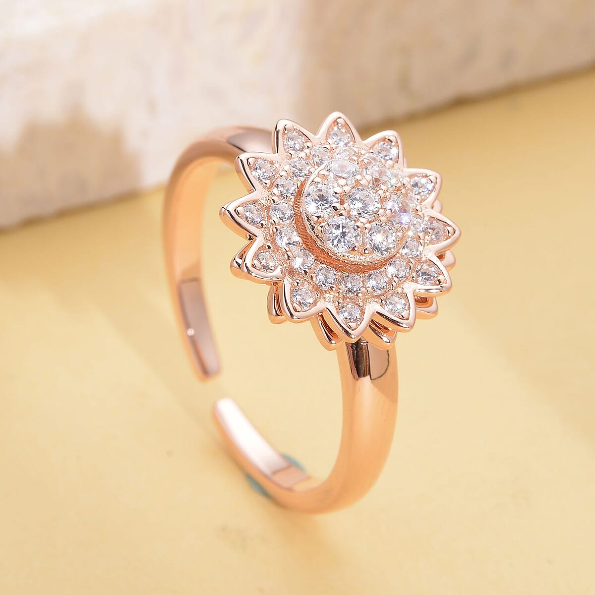 Simulated Diamond Sunflower Design Spinner Ring in 14K Rose Gold Over Sterling Silver (Adjustable Size 9-11) 0.65 ctw image number 1