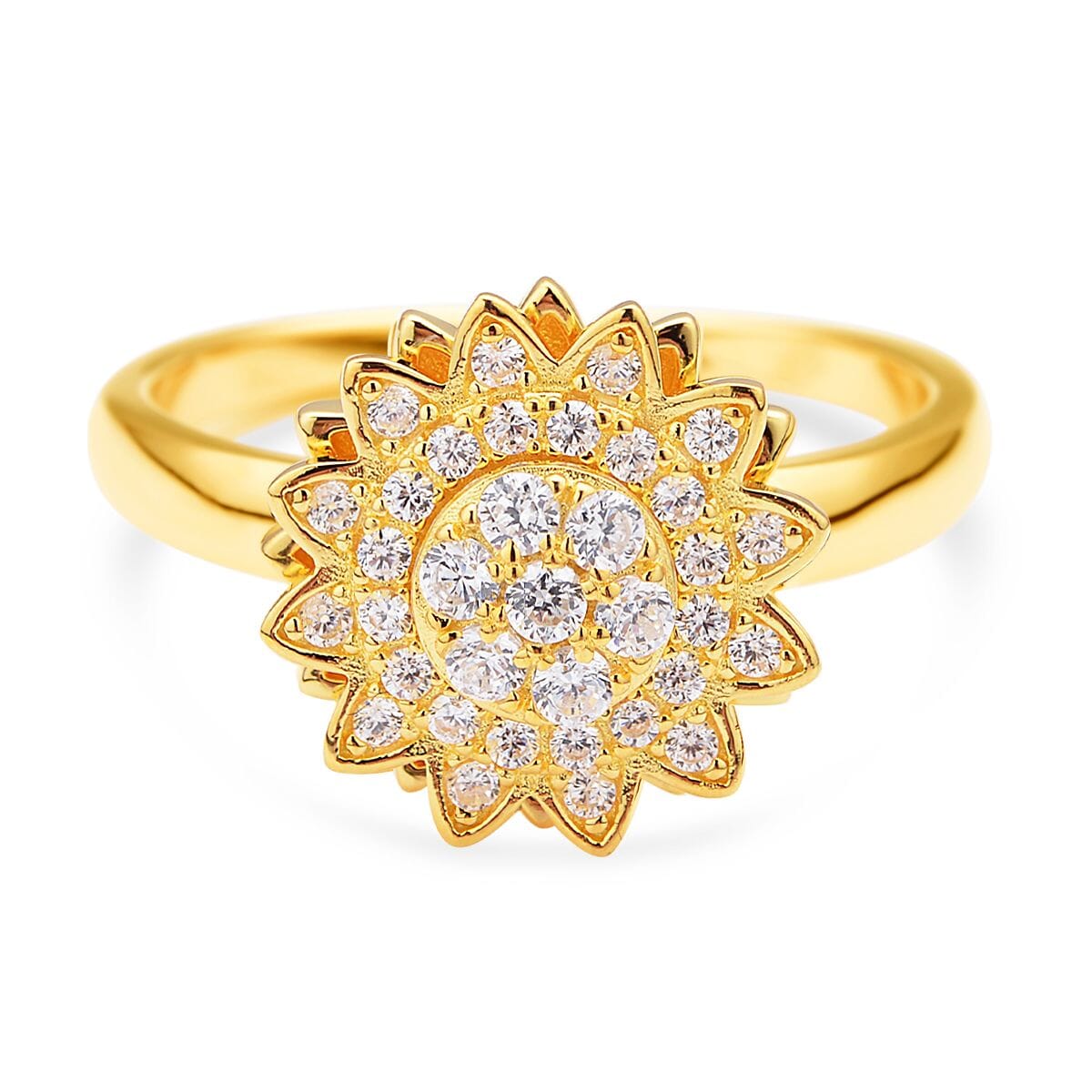 Simulated Diamond Sunflower Design Spinner Ring in 14K Yellow Gold Over Sterling Silver (Adjustable Size 9-11) 0.65 ctw image number 0