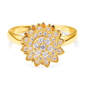 Simulated Diamond Sunflower Design Spinner Ring in 14K Yellow Gold Over Sterling Silver (Adjustable Size 9-11) 0.65 ctw