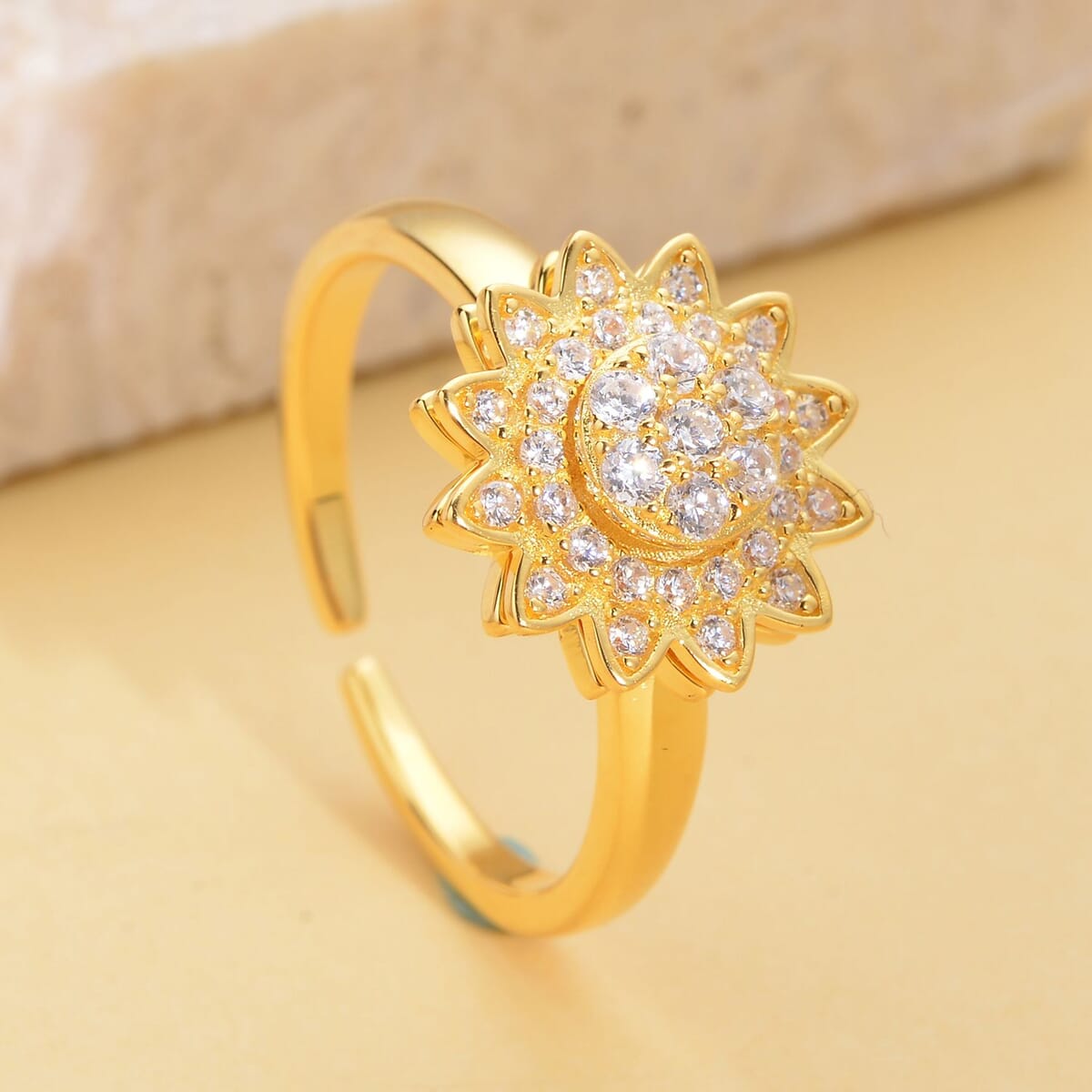 Simulated Diamond Sunflower Design Spinner Ring in 14K Yellow Gold Over Sterling Silver (Adjustable Size 9-11) 0.65 ctw image number 1